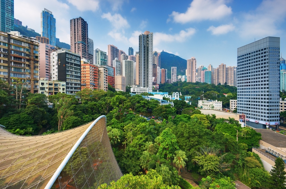 View of high rises from Hong Kong Park in Hong Kong, China